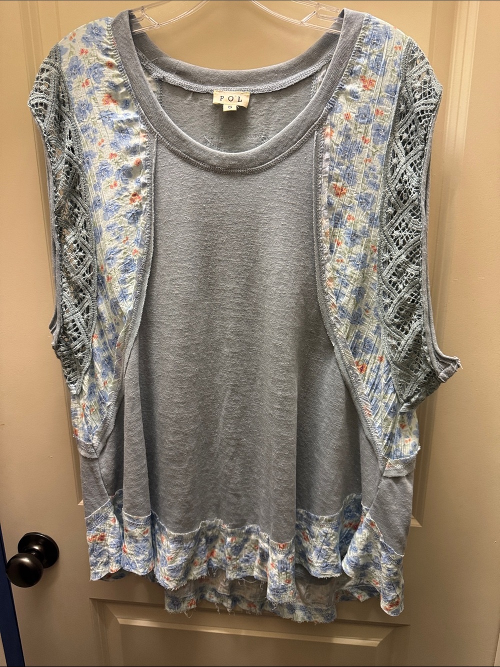 POL Soft Blue Sleeveless Tank with Floral Trim